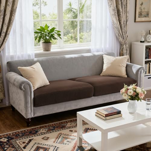 Image of CHUN YI 2 Piece Couch Cushion Covers for Sofa Seat Slipcovers Suitable with Spandex Jacquard Washable Fabric (2 Piece Sofa Cushion Covers, Chocolate)