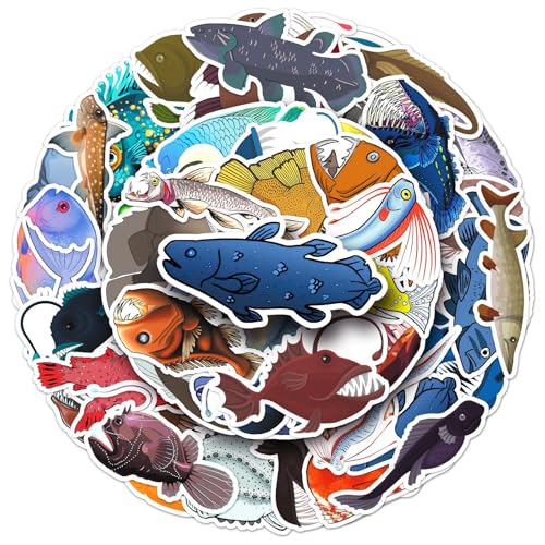 50 Pcs Fantasy Deep-Sea Fish Stickers, 1.96-3.15inch Cartoon Deep-Sea Creature Decorative Stickers, Self-Adhesive for Scrapbooking, Science Setup, Ocean Theme Decoration (Deep-Sea Fish)
