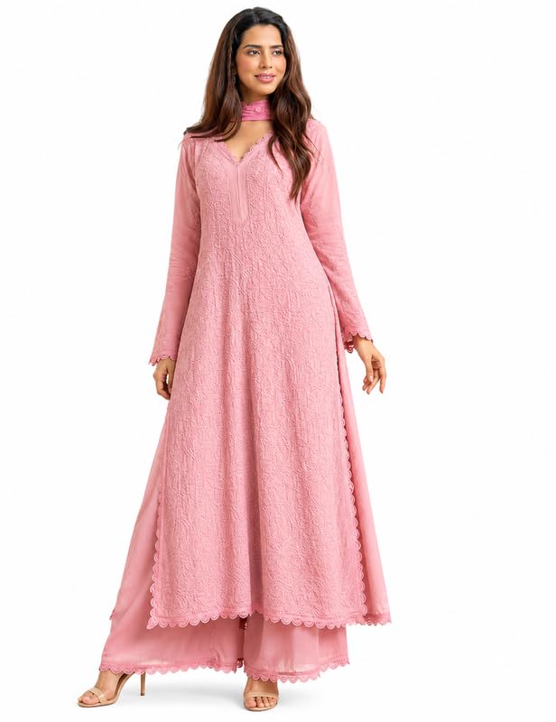 Image of Women Embroidered Straight Kurti with Palazzo And Dupatta Set | Elegant Ethnic Wear Kurta Set | V-Neck Long Sleeve Kurti | Stylish Casual, Festive & Wear for Women