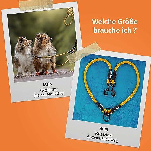 Floxik Tau Doppelleine für 2 Hunde grau/orange - reflektierend, dehnbar und verhedderungsfrei – Doppelte Hundeleine zum Koppeln - perfekt für kleine bis mittelgroße Hunde