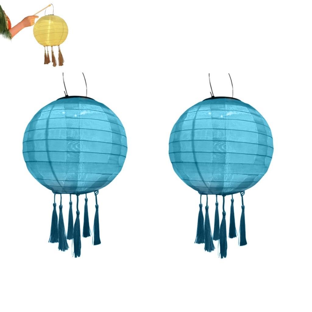 12 Inch Solar Powered Lanterns 2 Pcs LED Garden Decorative Light Round Paper Lanterns with Tassels for Garden Deco, Night Parties, Garden, Family Celebrations