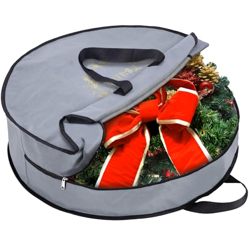 BALEINE 1 Pack Wreath Storage Container, Christmas Wreath Storage Bag with Reinforced Handle for Holiday Xmas (Grey, 30"X8")