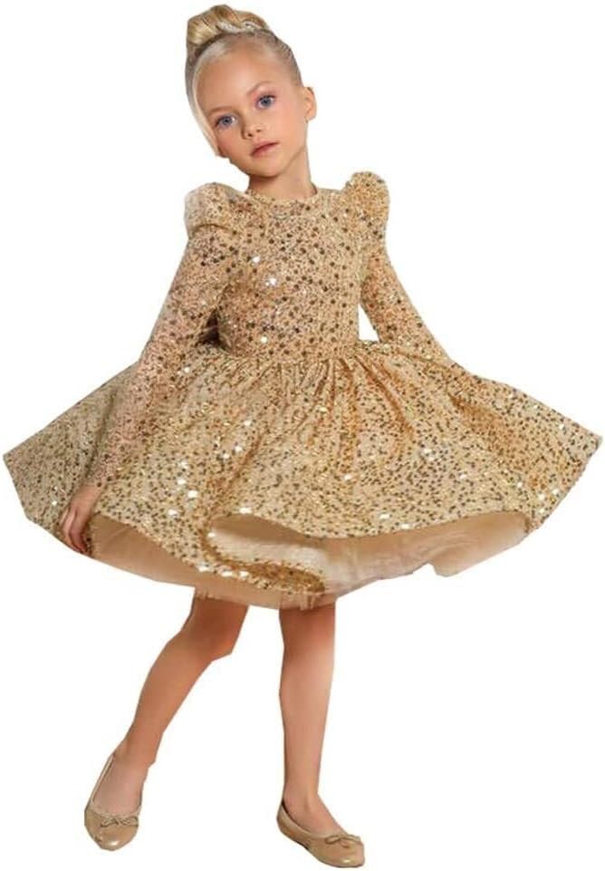 Sparkly Sequin Flower Girl Dress Long Sleeves Pageant Dress Short First Communion Dress with Bow Knot CT02