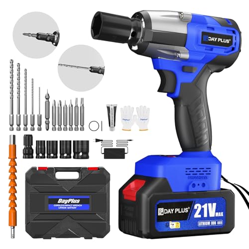 Llave de Impacto Inalámbrica sin Escobillas 1/2' Brushless Llave de Impacto Eléctrica Batería 6000mAh con 4 Enchufes, 12 Puntas de Destornillador, 21V Pistola de Impacto Eléctrica para Coche Hogar