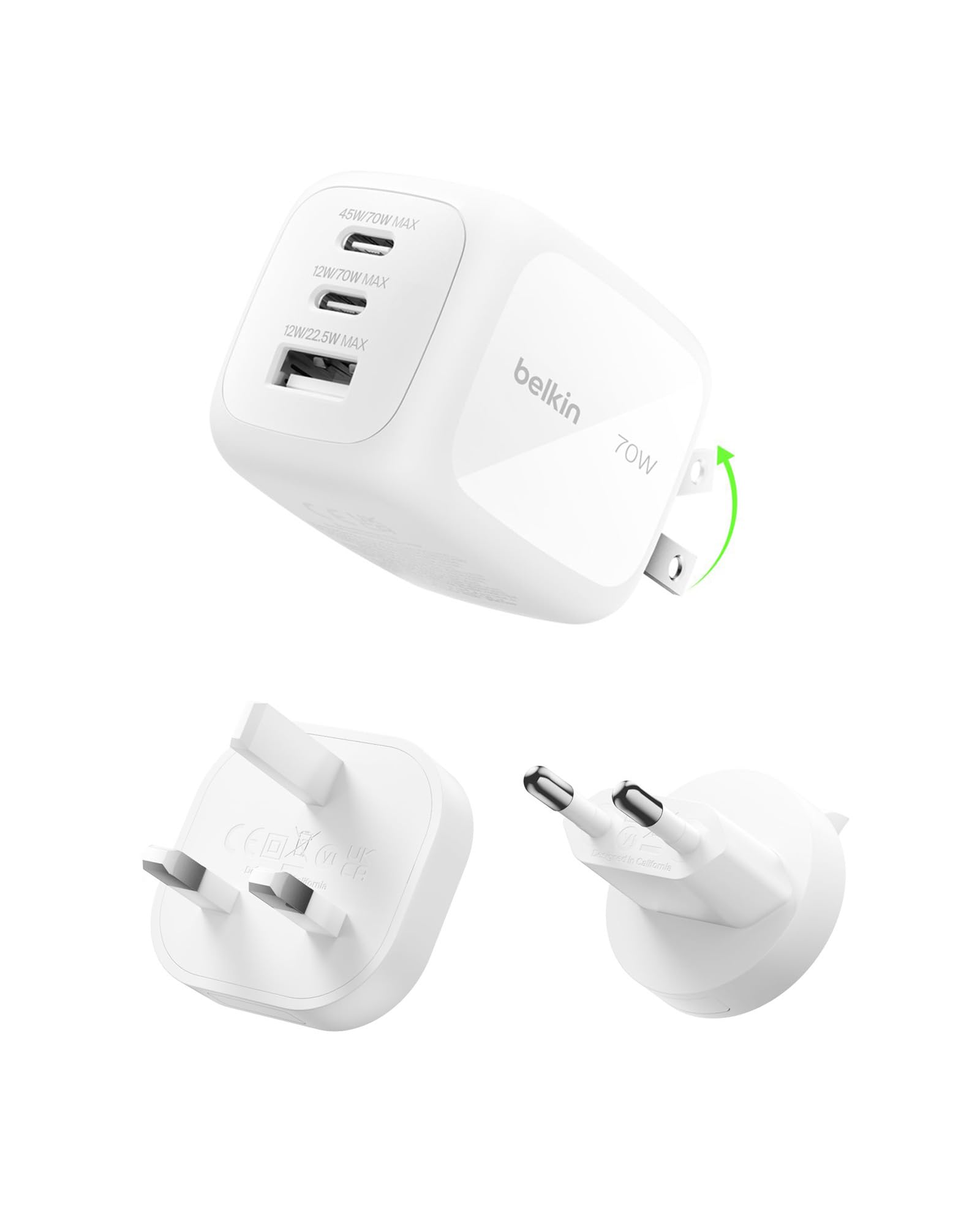 Belkin Caricatore USB C a 3 porte, 70 W, con spina per USA/​GB/​EU, 2 porte USB-​C, 1 porta USB-​A, caricatore rapido per MacBook, iPhone, iPad Pro, Samsung Galaxy, Pixel ecc. - Bianco