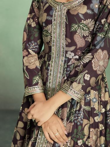 Image of madhuram textiles Women's vetican Print with Hand Embroidery Work Anarkali Front Slit Open Long Gown(M-2545)