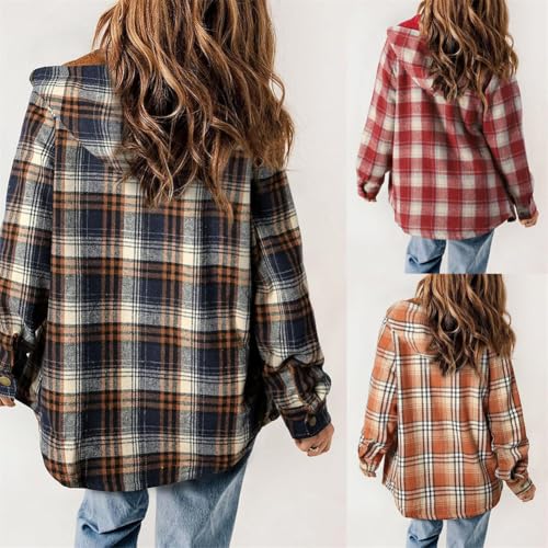 Hivebabe Flannel Fleece Lined Shirt,Womens Plaid Print Button Front Hooded Coat,Fuzzy Flannel Jacket Women4