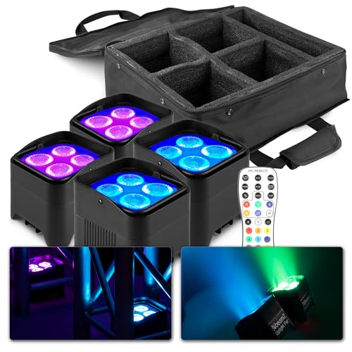 BeamZ BBP94W Uplight LED Par Strahler, 4er Set mit Tasche, 4 x 10 Watt, Akku Bühnenbeleuchtung 4er Set für DJ Pult, Bühnenlicht, DMX-WLAN, Partylicht Musikgesteuert, Bühnenequipment, Fernbedienung