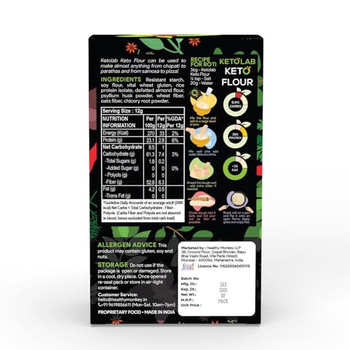 Image of Ketolab Keto Aata Flour, 500 Gms, 1 Pack, 1g Net Carb & 23% High Protein /Soft Roti, Identical to Wheat Flour, Ultra Low Carb, Pre-Biotic High Fibre, Low GI, Keto Diet, Weight Loss, Diabetic Friendly