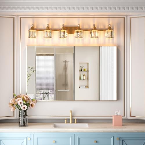 Image of GarveeTech Crystal Gold Bathroom Vanity Light 6 Light Modern Bathroom Light Fixtures Over Mirror Modern Crystal Vanity Lighting