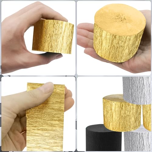 Image of PheiLa Crepe Paper Streamers 6 Rolls 492ft, Black and Gold Crepe Paper Graduation Party Decorations DIY Gift Wrapping Birthday Holiday Party Decor, 1.77 Inch x 82 Ft /Roll