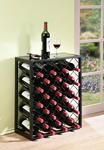 Mango Steam 32 Bottle Wine Rack with Glass Table Top, Black