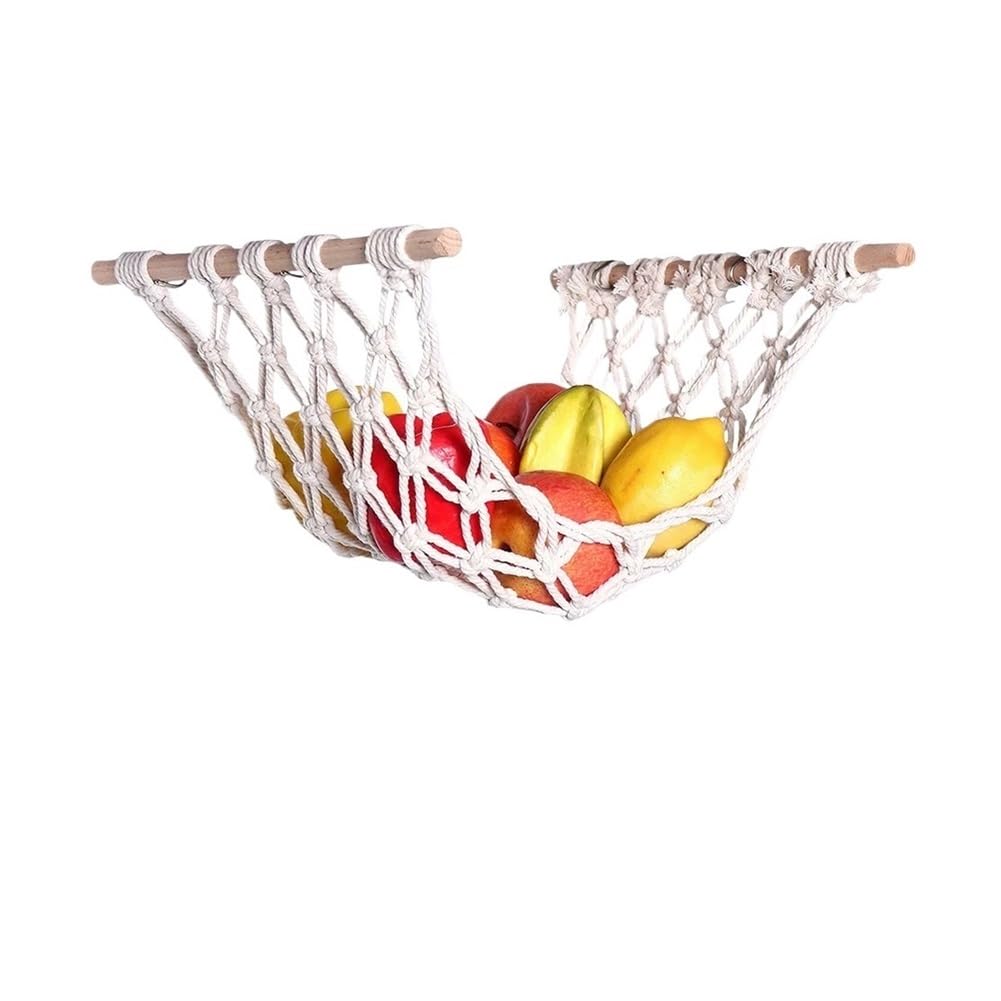 Shungong Macrame Fruit Veggie Hammock Under Cabinet Storage For Kitchen RV Boat(Stick rice white)