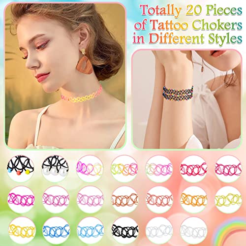 shynek 20er-Pack Tattoo-Halsketten-Set für Mädchen, modisches Stretch-Spitzen-Halsband, Gothic-Elastik-Kragen-Schmuck-Set für Frauen, Teenager-Mädchen