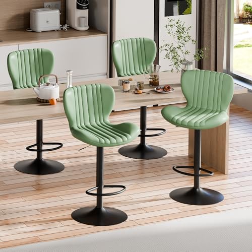 Image of Shintenchi Bar Stools Set of 4 Modern Swivel Bar Chairs, Counter Height Faux Leather Metal Barstools, Upholstered Island Chairs with Back and Footrest, Green
