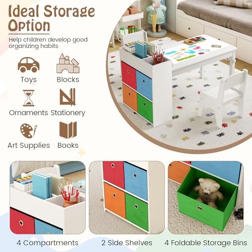 Image of Costzon Kids Table and Chairs, 3-in-1 Wooden Art Drawing Desk Set (White) | Toddler Table w / 4 Fabric Bins, Multiple Open Storage Compartments & a Paper Roll for Painting, Writing, Reading, Craft