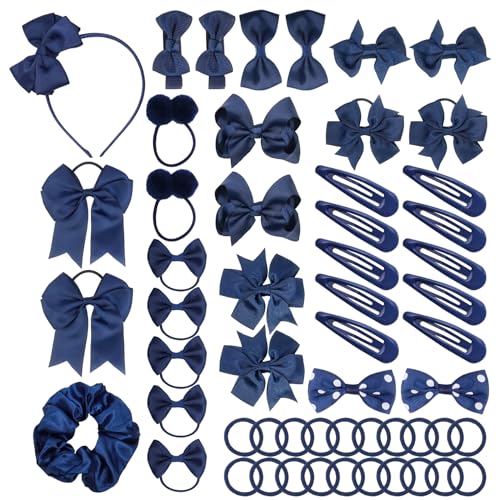 55Pcs Girls School Hair Accessories Navy Blue Bow Hair Clips Bow Headband Ponytail Holder Elastics Bands Ribbon Hair Barrettes Girls Hair Accessories Christmas Birthday Gift