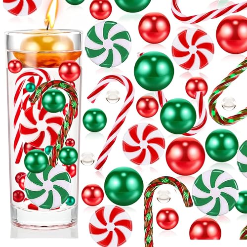 10065Pcs Christmas Vase Fillers Floating Candles and Candy Water Beads Christmas Filler Faux Pearls for Vase Filler Table Centerpieces Christmas Home Party Decoration (Style A-7065pcs)
