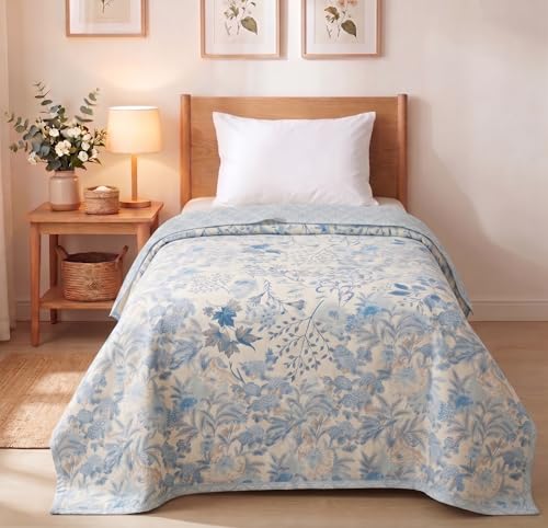 Image of VAS COLLECTIONS Cotton AC Blanket for Single Bed, 147x230 cm | Reversible Lightweight All Season Comforter | Soft Breathable Skin-Friendly Blanket for Bedroom Use (Azure Meadow)