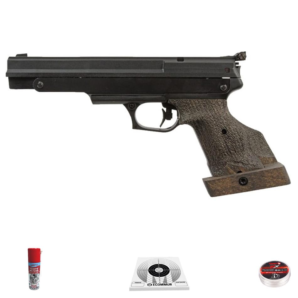 Pack de Pistola Aire comprimido BSA Challenger Compact 4,5 mm con balines Hollow Point, Aceite Lubrex y 20 dianas | Pistola de precisión de Bombeo para Tiro a 10 Metros, 2 Julios