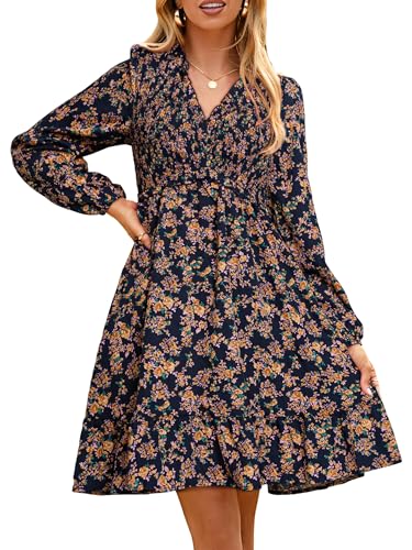 Simplee Womens 2025 Long Sleeve Babydoll Mini Dress Smocked Floral Fall Flowy Casual Short Dresses with Pockets