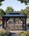 10x12 FT Hardtop Gazebo with Double Metal Roof, Aluminum Frame Permanent Pavilion with Curtains and Netting, Outdoor Gazebo for Patio Backyard Lawns
