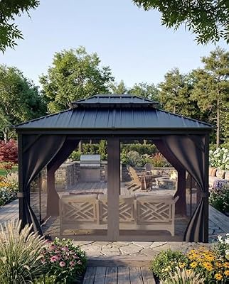 10x12 FT Hardtop Gazebo with Double Metal Roof, Aluminum Frame Permanent Pavilion with Curtains and Netting, Outdoor Gazebo for Patio Backyard Lawns