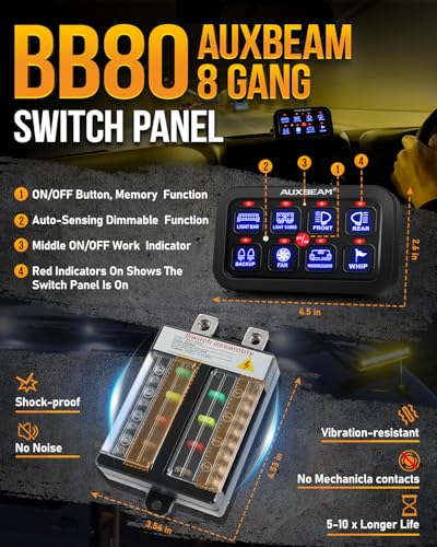 Image of Auxbeam 8 Gang Switch Panel BB80 Universal Circuit Control Relay System Automatic Dimmable LED Switch Control Panel Switch Pod Touch Switch Box for Car Truck Offroad ATV SUV - Blue, 3 Years Warranty | Dimmable LED On-Off Control Panel, LED Switch Pod Multifunction Switches for Truck Car Offroad SUV UTV ATV, 3 Years Warranty