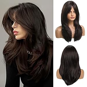 20 Inches Long Straight Dark Brown Layered Synthetic Hair Wigs with Bangs for Women Daily Party Use