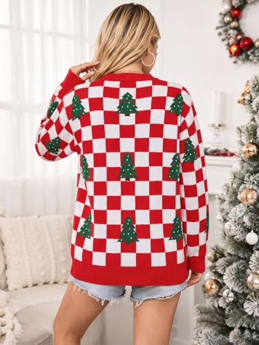 Checkerboard Christmas Tree Oversized Cardigan for Women - Image 4