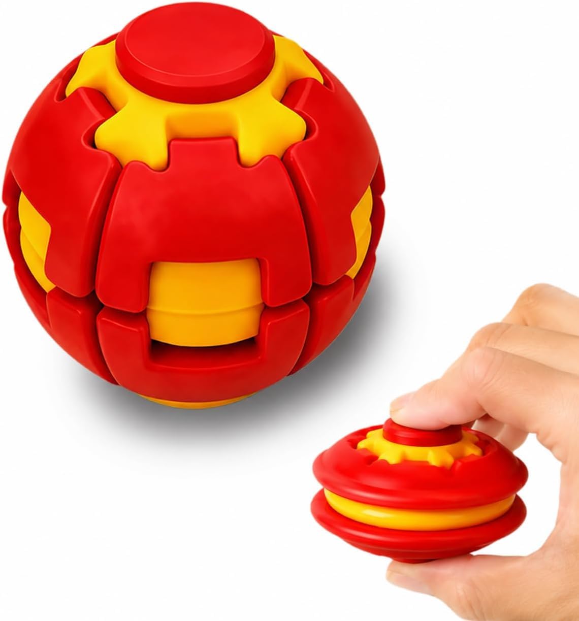 Push to Spin Fidget Stress Ball - 2 in 1 Press & Auto Rotate Decompression Toy, Dual Form Freely Switchable, Pocket Portable Fidget Spinner for Anxiety Relief (Red)