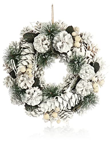 COM-FOUR® Couronne de Porte pour Noël - Couronne de l'Avent Blanche avec cônes et Branches - Couronne décorative - Décoration de Noël - Couronne de Table - Couronne de Noël