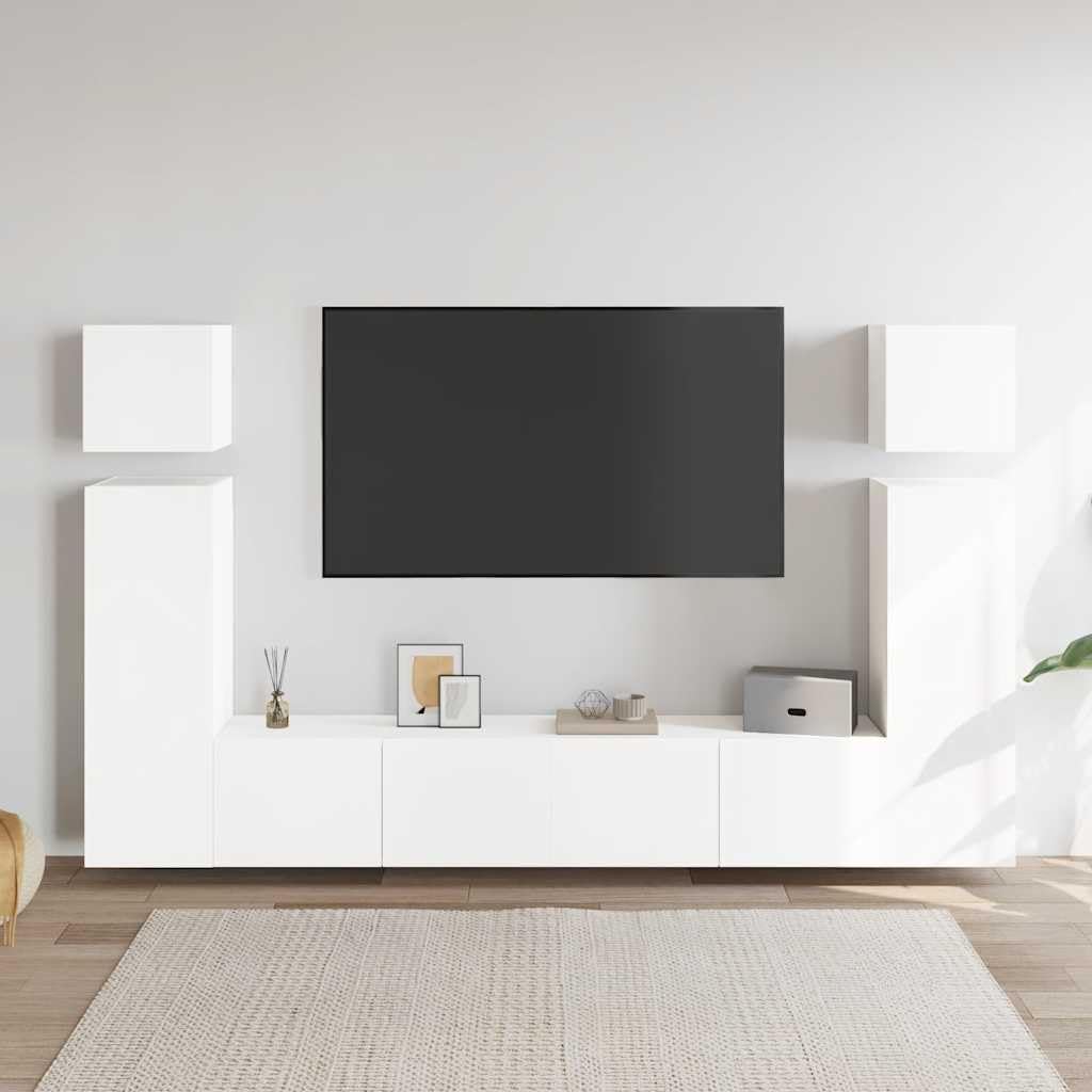 8-TLG. TV-Schrank-Set, Weiß Holzwerkstoff, Hängend, Modernes Media-Center für Wohnzimmer, Schlafzimmer, Viel Stauraum