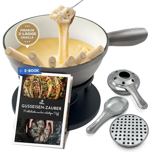 Ottia Gusseisen Fondue Set für 2, 3, 4, 5, 6 Personen, 3-lagige Emaille, Schadstofffrei, 10-teilig mit Brenner+Gabeln+Rezeptbuch, Fondü-Set, Käsefondue, Fleischfondue, Schokofondue, Hamburger Händler Ottia Gusseisen Fondue Set für 2, 3, 4, 5, 6 Personen, 3-lagige Emaille, Schadstofffrei, 10-teilig mit Brenner+Gabeln+Rezeptbuch, Fondü-Set, Käsefondue, Fleischfondue, Schokofondue, Hamburger Händler