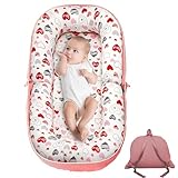 GloTika Baby Lounger, Foldable Infant Nest Pillow with Soft Memory Foam Mat, Cover with Adorable Pattern, Converts to Backpack for Easy Travel, 0-12 Months, Pink
