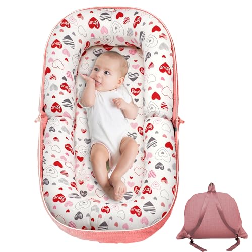 Image of GloTika Baby Lounger, Foldable Infant Nest Pillow with Soft Memory Foam Mat, Cover with Adorable Pattern, Converts to Backpack for Easy Travel, 0-12 Months, Pink