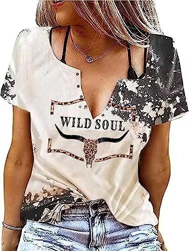 Retro Steer Skull Western T-Shirt Women Vintage Country Music Shirt Cute Cowgirl Graphic Cowboy Tees Tops