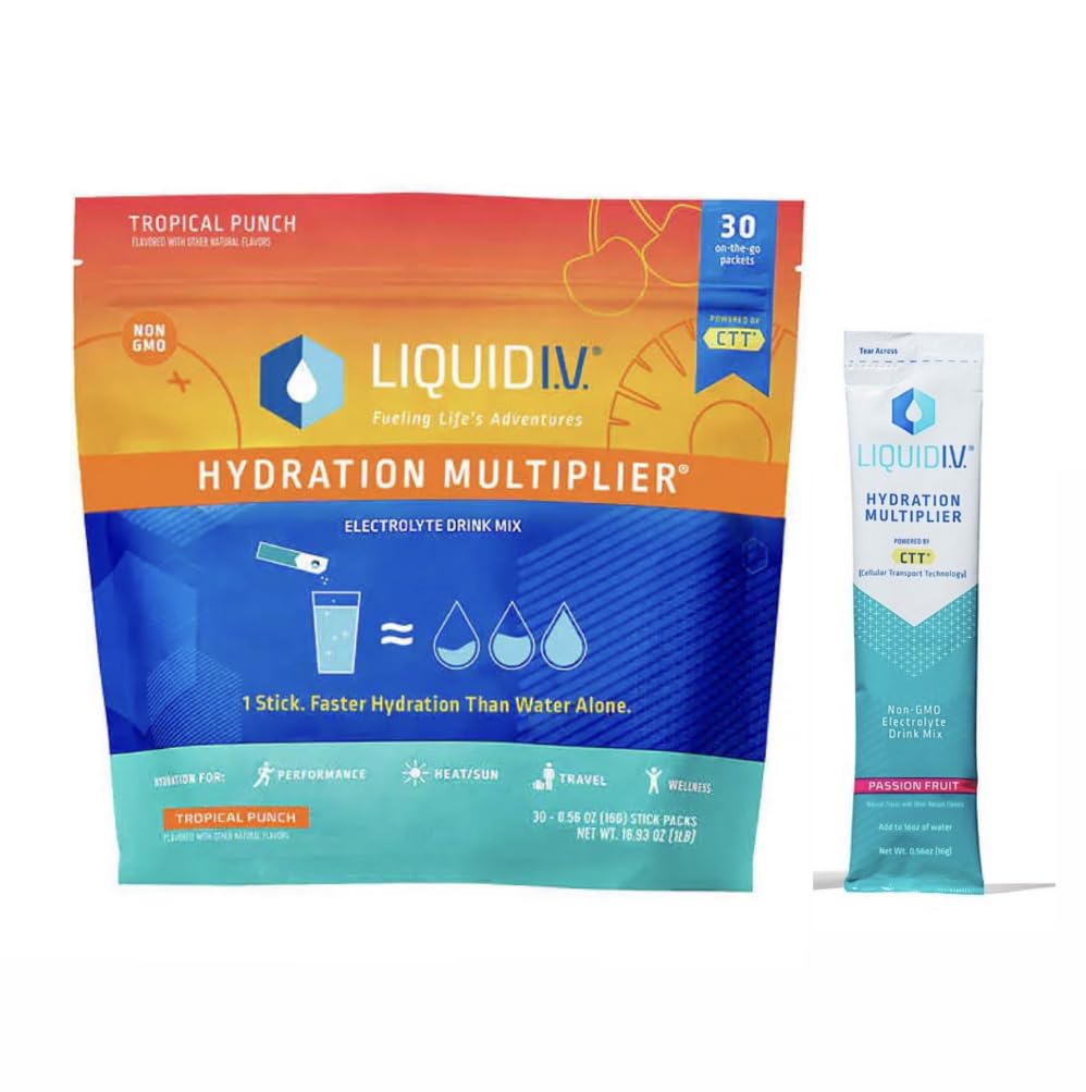 Liquid I.V. Hydration Multiplier - Tropical Punch - Hydration Powder Packets | Electrolyte Drink Mix | Easy Open Single-Serving Stick | Non-GMO 30 STICKS + 2-0,45 OZ PASSION FRUIT STICK (3)