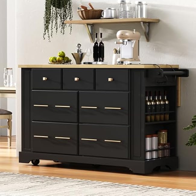 51 Kitchen Island with Pull Out Trash Can Storage & Drop Leaf,Folding Island Table with 6 Drawers,Rolling Kitchen Cart with Open Side Racks,Dining Island Table with Towel Rack,Power Outlet (Black)-DHcBjfyY
