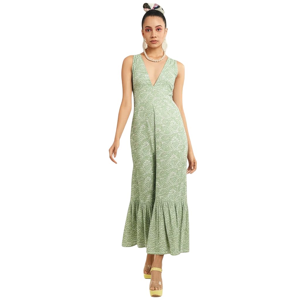 bedazzle Women's Sleeveless V-Neck Flared Hem Jumpsuit | Green | XL-picture-10