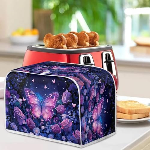 Image of Talayituse Butterfly Rose Daisy Flower Print Toaster Cover 4 Slice Wide Slot, Lightweight Dust Protection Washable Appliance Bag Bread Maker Cover, M