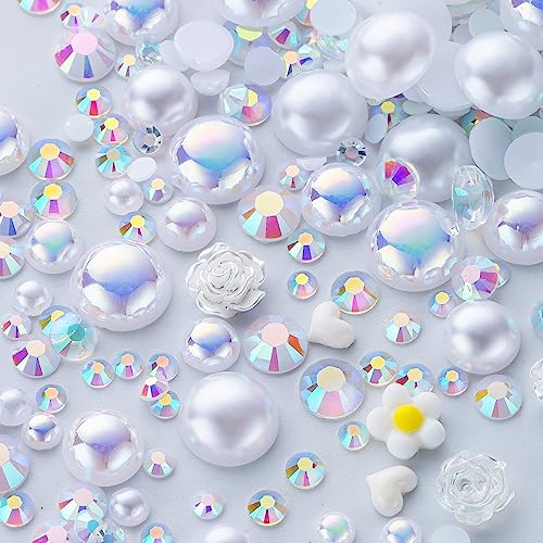 160g White Flat Back Pearls Rhinestones for Crafts Mixed Size 3mm-10mm AB Color Round Half Pearls Flatback Pearl Beads and Resin Rhinestones Set for Face Art