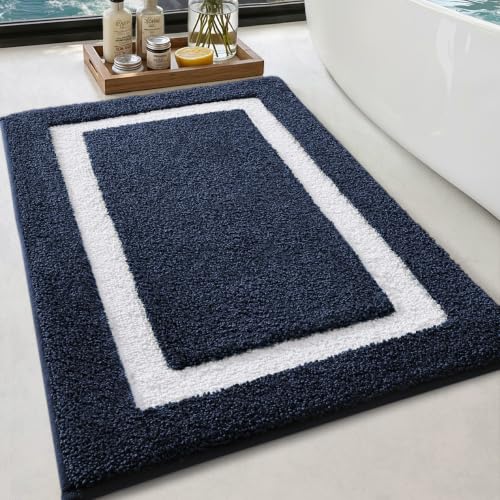 Image of Color&Geometry Navy Blue Bathroom Rugs 36x24, Extra Soft Absorbent Microfiber Bath Rugs, Non-Slip Bathroom mat, Washable Plush Bath Mats for Bathroom, Shower, Bathtub, Laundry, Blue White