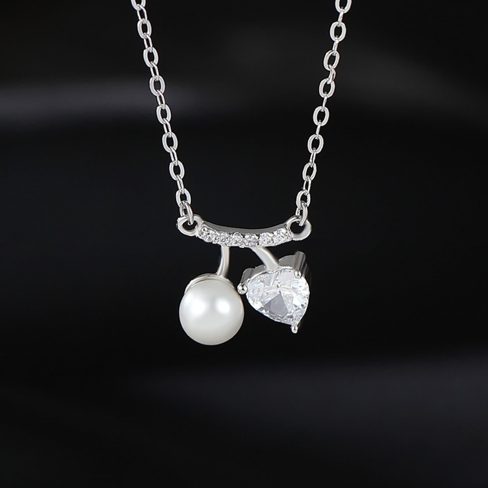 Collana Perla Lunga, Collana Donna Elegante Ciondolo Catenina Gioielli Oro Bianco 9K/14K/18K con Moissanite Amo Le Ciliegie 40+5cm
