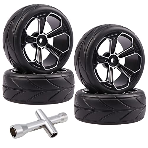 Acekeeps 4-Pack 1/10 Rc On-Road Drift Car Aluminum 12Mm Hex Wheel Rims And Rubber Tires (65X26Mm) W/Hex Wrench For Sakura Tamiya Hpi Kyosho Traxxas Axial Redcat Hsp Racing Car #TOP4