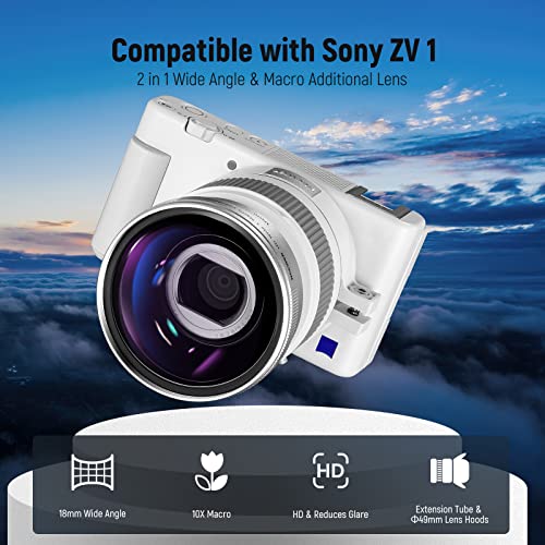 Image of NEEWER Wide Angle Lens Compatible with Sony ZV1 Camera, 2 in 1 18mm HD Wide Angle & 10x Macro Additional Lens with Extension Tube, Bayonet Mount Lens Adapter, Cleaning Cloth (White Frame)