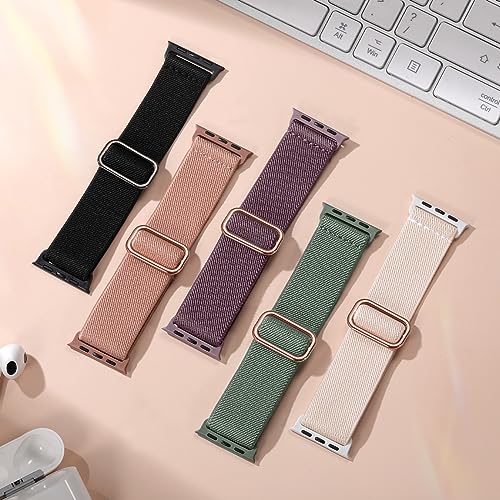 Image of Easuny 5 Pack Stretchy Bands Compatible with Apple Watch 40mm 41mm 42mm 38mm 44mm 45mm 46mm Women, Elastic Fabric Nylon Strap Wristband for iWatch SE 3 2 1 Series 11 10 9 8 7 6 5 4 3 Boho Solo Loop