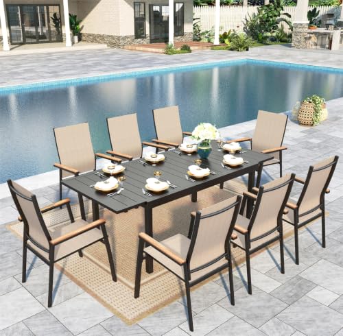 Image of Sophia & William Patio Dining Set w /Expandable Table & 8 Aluminum Chairs | Beige textilene, Breathable & quick-drying, Rust resistant, Outdoor deck furniture, 9 piece