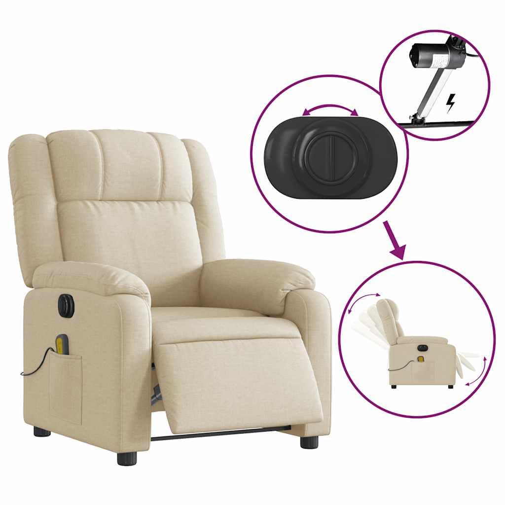 Sillón de masaje eléctrico con funda de tela en color crema, sillón de relax con 6 puntos de vibración, función reclinable eléctrica hasta 135 grados, reposabrazos anchos