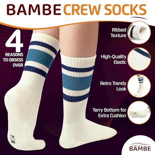 Striped Retro Crew Socks for Women - Pair of 5 Triple Striped Socks with Terry Cushioned Sole2